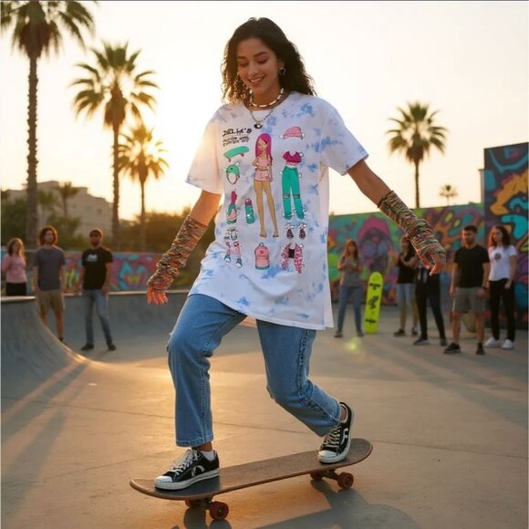 Paperdoll Oversized Graphic Top – by dELIA*s White Blue Tie Dye Retro Y2K Casual - Picture 2 of 4